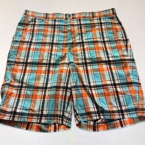 Plaid Cotton Casual Shorts in Turquoise & Orange